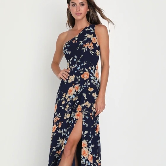 Lulus Elegant Admiration Navy Blue Floral One-shoulder Maxi Dress - Size XL - Picture 1 of 1